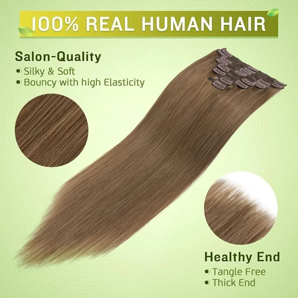 160g Double Weft Clip in 100% Remy Human Hair Extensions Light Brown Grade 7A Qu